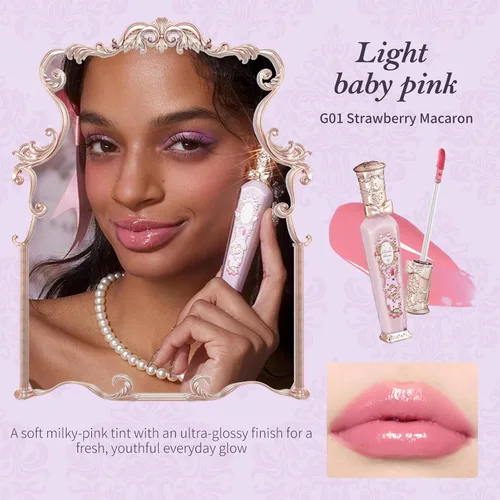 Vista 3 de Flower Knows Violet Strawberry Rococo Glowy Lip Gloss, Light Baby Pink Macaron de fresa G01