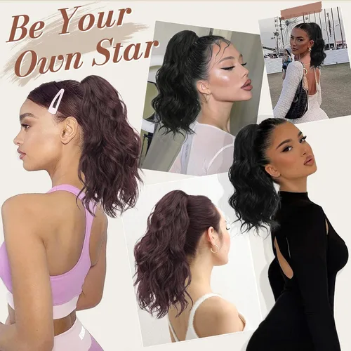 Vista 6 de BARSDAR Extensiones de cola de caballo con clip de garra, extensiones de cabello corto ondulado negro de 14 pulgadas para mujer, extensiones