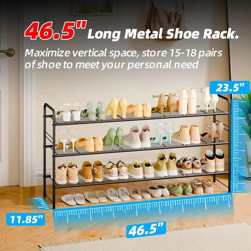 Vista 7 de Zapatero de 3 niveles para armario, organizador de almacenamiento de zapatos extra largo de 46.5 pulgadas para estantes, metal resistente, fácil