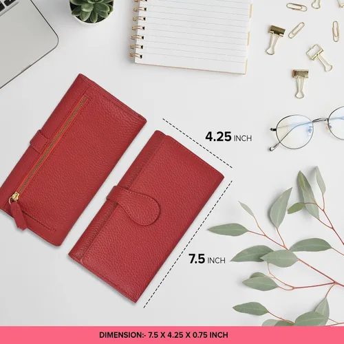 Vista 4 de Cartera de piel auténtica para mujer con bloqueo RFID, tarjetero triple para mujer, con ventana de identificación