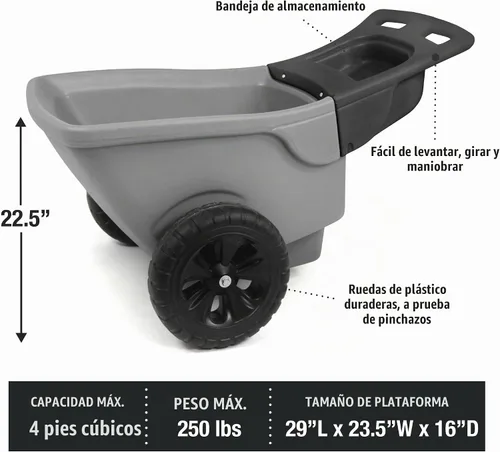 Vista 3 de Simplay3 Easy Haul - Carretilla duradera con bandeja de almacenamiento de herramientas de jardín, ruedas grandes de fácil giro, gris, fabricada