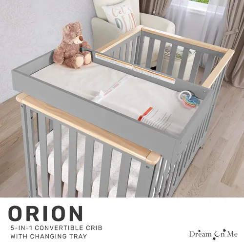 Vista 6 de Dream On Me Orion - Cuna convertible 5 en 1 con cambiador en gris guijarro vintage, certificado JPMA y Greenguard Gold, hecha de madera de pino