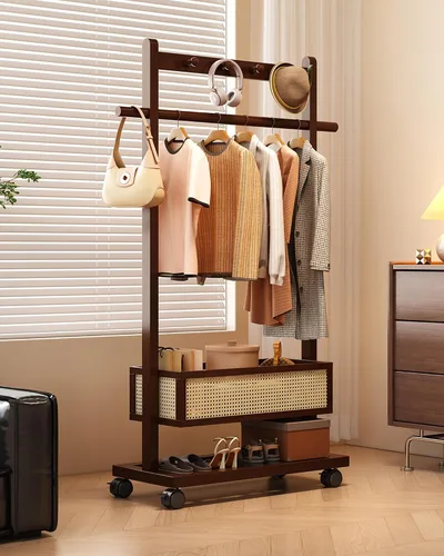 Vista 7 de Perchero con estante con cesta de almacenamiento y ganchos, estantes independientes para espacios pequeños, esquinero, dormitorio, entrada, pasillo