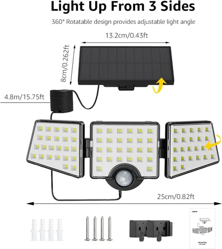 Vista 6 de Lepro Luces solares para exteriores, luces de seguridad activadas por movimiento WL5000, panel solar separado, 3 cabezales ajustables, ángulo