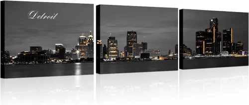 Vista 53 de 3 paneles de Atlanta Skyline vista de la ciudad en blanco y negro, imágenes panorámicas de edificio de ciudad, decoración de pared para sala