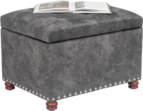 Vista 10 de Otomana tapizada de almacenamiento con tapa con bisagras, otomana de piel sintética de 23.6 pulgadas para sala de estar y dormitorio, color marrón