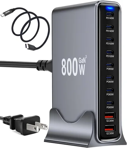 Vista 7 de 320W Bloque de Cargador USB C, Estación de Carga Rápida de 8 Puertos USB Hub PD 100W GaN Ⅲ Estación de Carga Pro para Múltiples Dispositivos