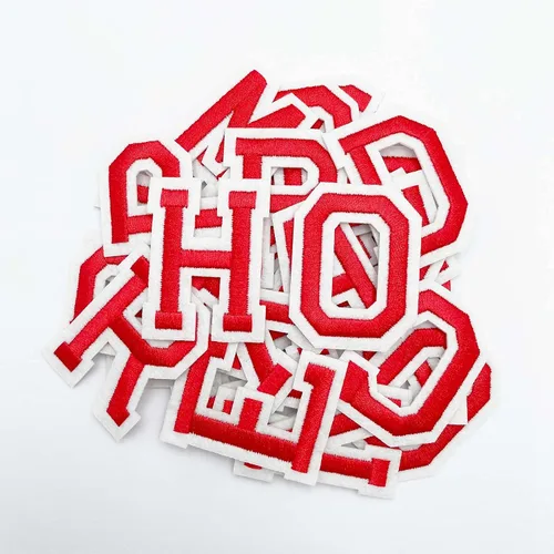 Vista 5 de Jongdari Letras termo-adhesivas, 110 parches del alfabeto, parches de letras de reparación para ropa, camisas, sombreros, jeans, zapatos, bolsas Rojo