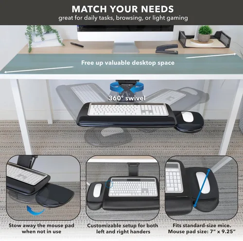 Vista 5 de Mount-It! Bandeja para teclado debajo del escritorio de movimiento completo con soporte para muñeca Plataforma de teclado deslizable ergonómica