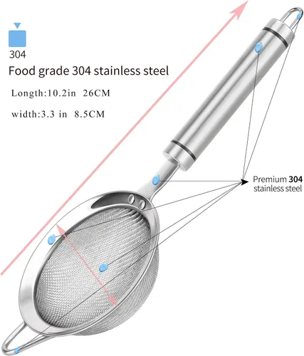 Vista 2 de Coladores de malla fina de acero inoxidable 304 para cocina, colador-escumador con asa, tamiz para alimentos, té, arroz, aceite, fideos, frutas