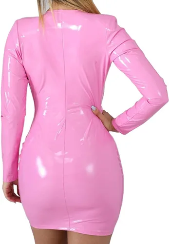 Vista 2 de RINTONIX Vestido sexy de piel sintética con cuello en V profundo para mujer, manga larga, aspecto mojado, vestido de fiesta con cremallera