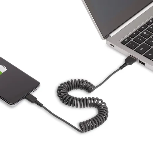 Vista 7 de StarTech Cable USB-A a USB-C en espiral de 3.3 pies, negro, 3A, USB 2.0 Carga y sincronización, chaqueta TPE, macho a hombre, fibra de aramida