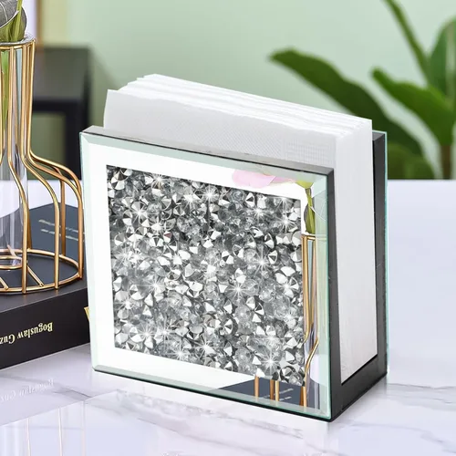 Vista 8 de Servilletero de diamante triturado de cristal, soporte vertical cuadrado con espejo, bonito soporte de servilleta de espejo de vidrio para mesa