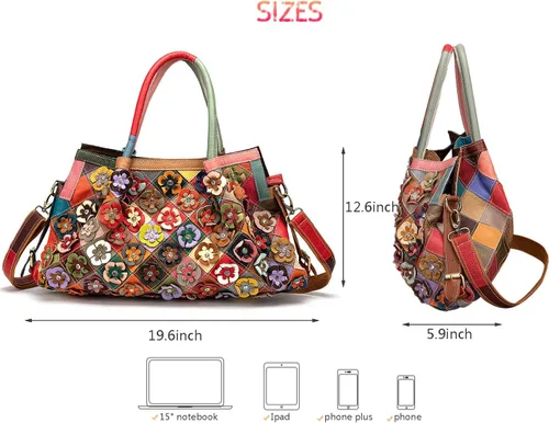 Vista 2 de Bolso Boston multicolor para mujer, de cuero genuino, colorido, grande, bolso de mano