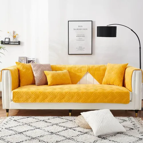 Vista 11 de vctops Funda de sofá de terciopelo para sillón, antideslizante, acolchada, súper suave, funda geométrica cálida en forma de L para sofá, para Marrón