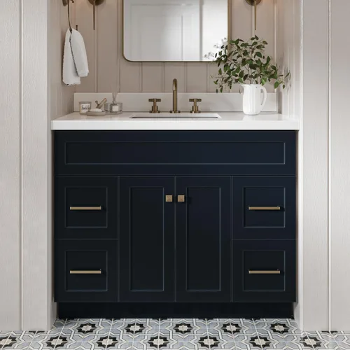 Vista 25 de DKB Isabella - Mueble de baño negro de 42 pulgadas con fregadero, lavabo rectangular, encimera de cuarzo blanco puro y protector contra salpicaduras