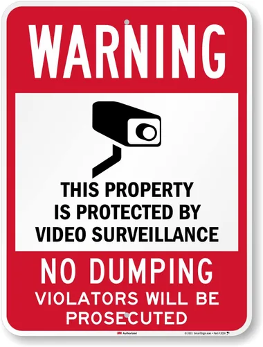Vista 9 de SmartSign señal de seguridad, leyenda: "Warning: Video Surveillance No Dumping" en colores negro y rojo sobre blanco, 1