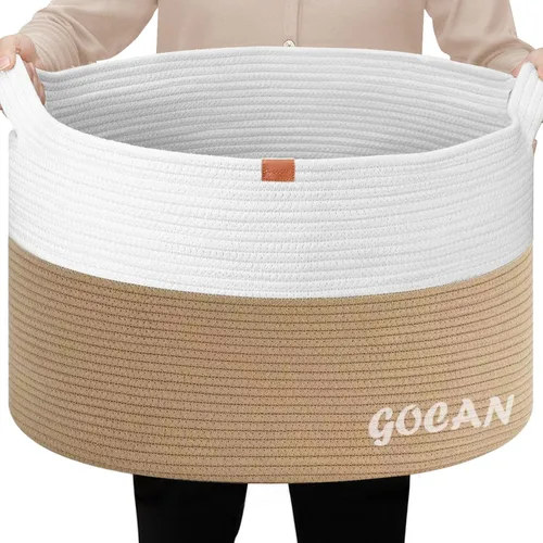 Vista 11 de GOCAN Cesta de almacenamiento extragrande para lavandería, 22 x 22 x 14 pulgadas, cesta tejida de cuerda de algodón para manta con asas para sala