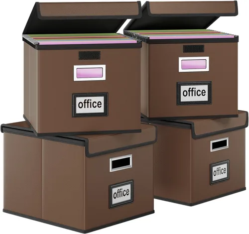 Vista 30 de Caja organizadora de archivos Huolewa con tapa, caja organizadora de carpetas de archivos colgantes de cuero sintético plegable con deslizadores