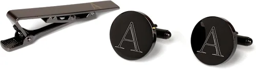 Vista 2 de Gemelos con inicial y clip de corbata para hombre, letras del alfabeto de la A a la Z, color negro, acero inoxidable, con caja de madera de nogal