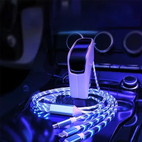 Vista 4 de IHAO Cable de carga multipuerto, 3 combinaciones en un cable USB A a USB C/Micro USB PD, cable de carga rápida iluminado LED que fluye compatible