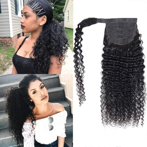 Vista 14 de Extensiones de cabello con ondas de agua para cola de caballo, trenzado humano, pegamento mágico Pony, extensiones de cabello humano brasileño