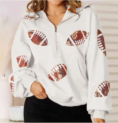 Vista 2 de SeekMe Sudaderas con capucha de lentejuelas para mujer, para el día del partido, suéteres de manga larga con cremallera y bolsillo