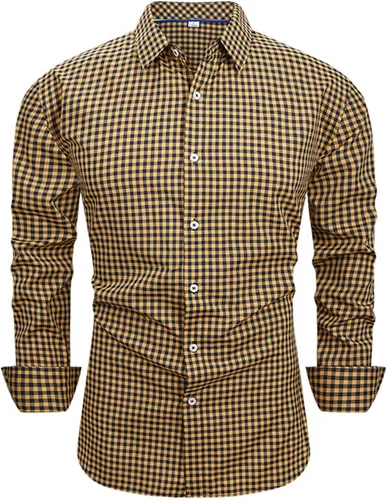Vista 2 de Ymosrh Camisa de vestir a cuadros para hombre, de manga larga, informal, de moda, con botones