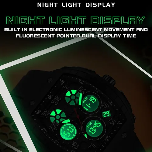 Vista 7 de Relojes para hombre, únicos rectángulos, reloj de pulsera blanco con pantalla digital analógica de doble hora, cronómetro de cuenta regresiva