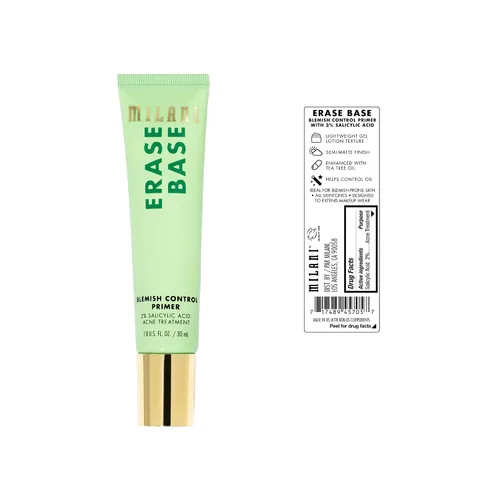 Vista 2 de Milani Imprimación facial para maquillaje – Erase Base Primer de Control de Imperfecciones con 2% de ácido salicílico para ayudar a controlar