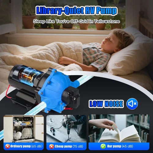 Vista 2 de [Versión mejorada] Bomba de agua dulce de 12V CC para RV, 7GPM 70PSI, bomba de diafragma autocebante de cinco cámaras con interruptor de presión