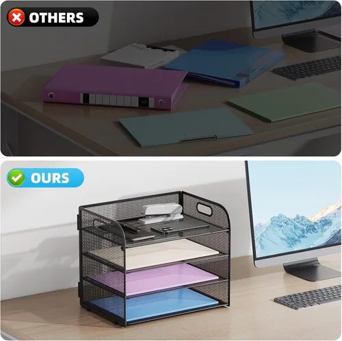 Vista 2 de Marbrasse Organizador de Papel de 4 Niveles Bandeja para Cartas - Organizador de Archivos de Escritorio de Malla con Asa, Organizador Clasificador
