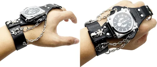 Vista 8 de Reloj de moda Hip-Hop Punk Skull para hombres y mujeres, reloj de pulsera de cuero ancho negro, estilo fresco, cadenas y guante de locomotora