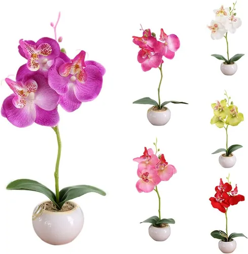 Vista 5 de Orquídeas artificiales con jarrón de plástico Phalaenopsis - Maceta de orquídea sintética para el hogar, cocina, mesa, centro de mesa, decoración