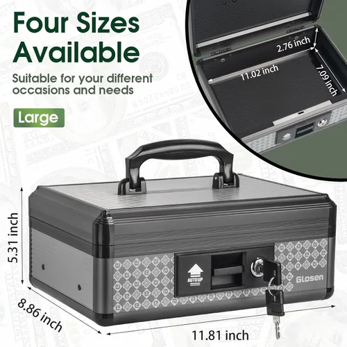 Vista 3 de Glosen Caja de efectivo con cerradura, caja de dinero con cerradura de llave y bandeja extraíble para monedas de 8.85 x 5.3 x 11.8 pulgadas