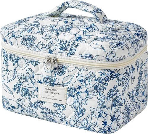 Vista 29 de uekeboag - Bolsa de maquillaje grande de viaje acolchada para mujer, neceser de algodón con estampado floral, neceser con estampado floral
