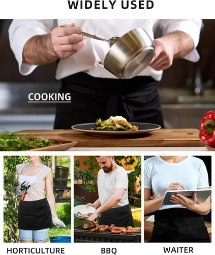 Vista 3 de Xeoxarel Waist Aprons with 4 Pockets, Unisex Waitress Waiter Server Apron for Women and Man Half Black 11.5