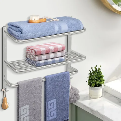 Vista 7 de NearMoon Toallero de baño, toallero de 3 niveles con ganchos, colgador de toallas de acero inoxidable SUS304, almacenamiento de toallas montado