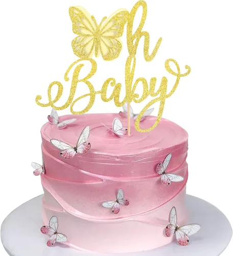Vista 8 de Rsstarxi 1 paquete de decoración de pastel de mariposa Oh Baby con purpurina para baby shower, decoración de pastel de mariposa para revelación