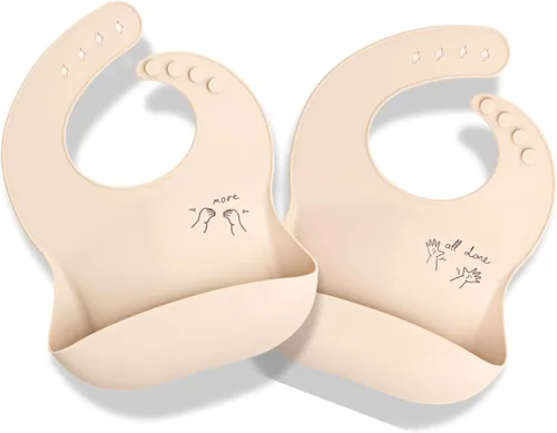 Vista 10 de APLAINR Babero de lenguaje de señas para bebé, baberos de silicona para bebés, gráficos ASL, atrapador de alimentos, ajustable, impermeable, suave