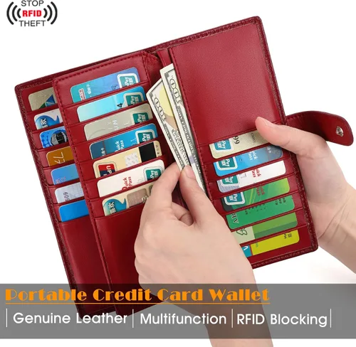 Vista 2 de Cartera de piel auténtica para mujer con bloqueo RFID, Rojo oscuro, Plegar y Negocios