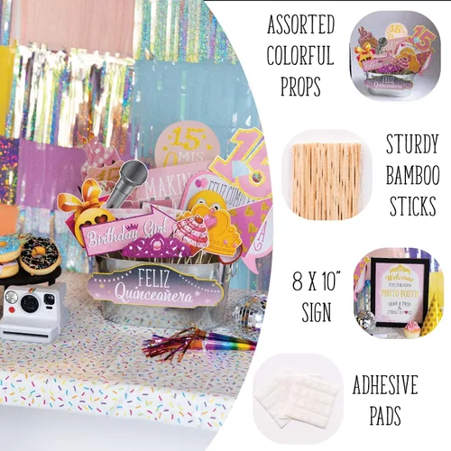 Vista 2 de Accesorios para cabina de fotos de quinceañera, kit de cabina de fotos de 41 piezas con letrero de 8 x 10 pulgadas, 60 almohadillas adhesivas, 45