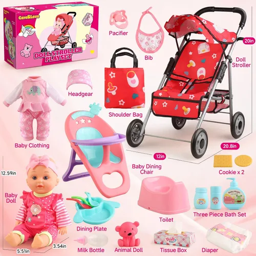 Vista 2 de Juego de Cochecito de Muñeca Bebé - Una Muñeca Bebé de 12.5" con Accesorios para Muñecas y 2 Juegos de Ropa, Cochecito de Muñeca para Niños Pequeños