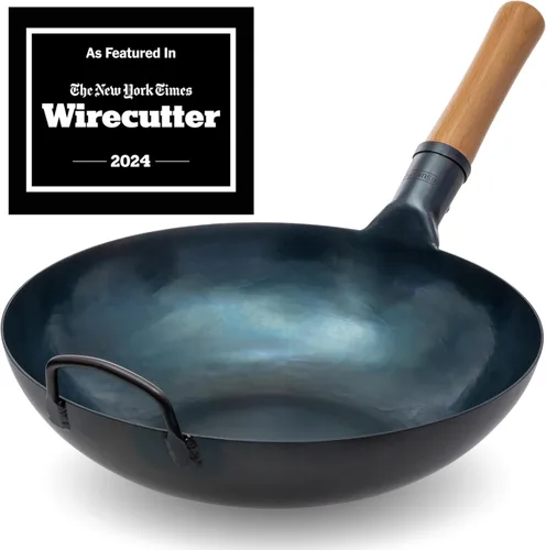 Vista 2 de YOSUKATA Wok Pan de fondo plano - Wok de acero al carbono azul de 13.5 pulgadas + tapa de wok de 12.8 pulgadas + palillos de cocina largos de madera