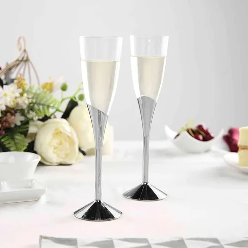 Vista 2 de Efavormart - Juego de 6 copas de champán de plástico plateado de 5 onzas con base desmontable, elegantes vasos desechables para recepciones