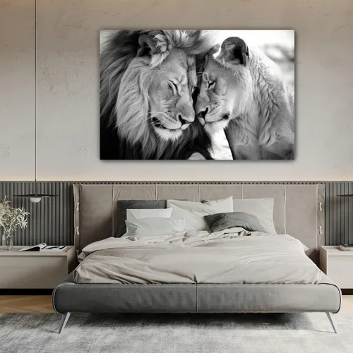 Vista 2 de LYUNSHUO Lienzo decorativo para pared, diseño de león y leona, animales en blanco y negro, imágenes de pareja, pintura abstracta de vida silvestre