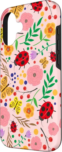 Vista 2 de iPhone 16 Cute Ladybugs Flowers Pink Pattern Bouquet Lover Cell Phone Case