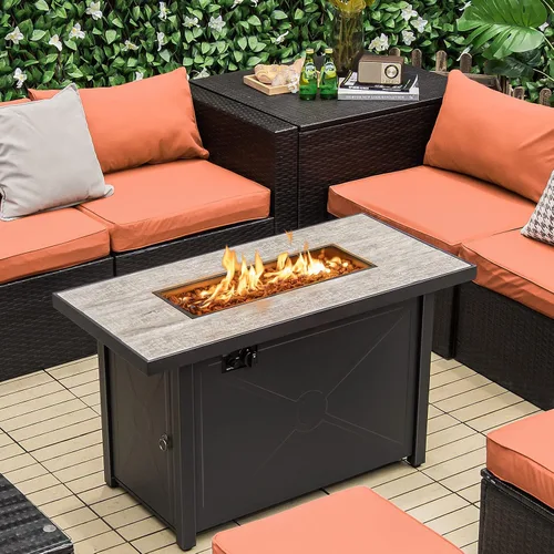 Vista 2 de Tangkula Patiojoy - Mesa rectangular de gas de 42 pulgadas, mesa rectangular de gas para exteriores de 60,000 BTU con mesa de cerámica, rocas