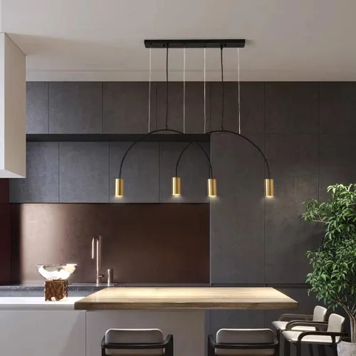Vista 3 de Líneas geométricas nórdicas forma arqueada colgante de luz altura ajustable lámpara de metal iluminación negro oro moderno lámpara colgante