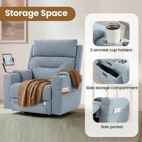 Vista 4 de Silla reclinable giratoria eléctrica con reposacabezas y lumbar ajustables, mecedoras eléctricas para cuarto de bebé con espacio de almacenamiento